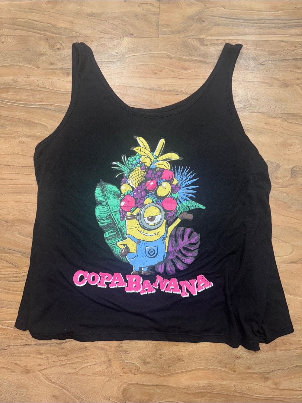 Black Graphic Tank Top with Tropical Minion 'Copabanana' Print